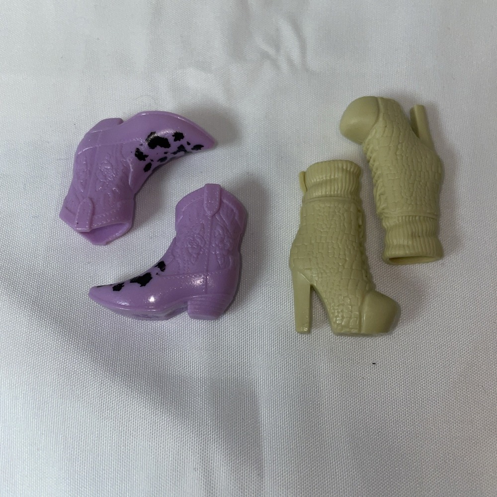 Doll Shoes Lot Purple Cow Print Cowboy Boots & Tan Platform Stiletto Heels - Picture 1 of 2